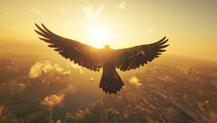 Obraz premium Eagle soaring over a city skyline at sunset creating a breathtaking view of nature and urban life