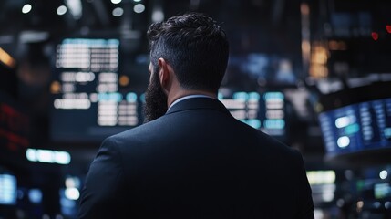 Fototapeta premium Businessman with a beard in a sleek black suit, viewed from behind, stands solemnly amidst bustling stock market displays surrounded by dynamic digital screens and stock prices.
