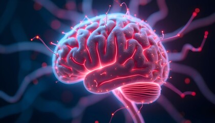 Obraz premium A large, detailed brain with various circuits, nodes, and data visualized overlaid on an image.