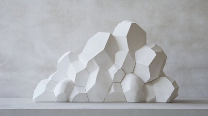 Sculptural arrangement of interlocking white hexagonal and pentagonal shapes on a soft grey background, showcasing a sleek and modern aesthetic perfect for minimalist design.