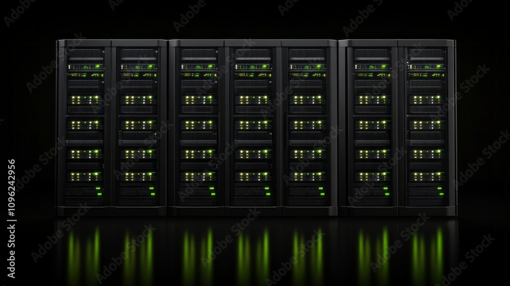 Poster A row of computer servers with green lights on them