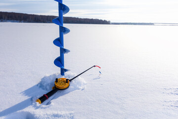 Ice fishing, equipment for ice fishing on snow.