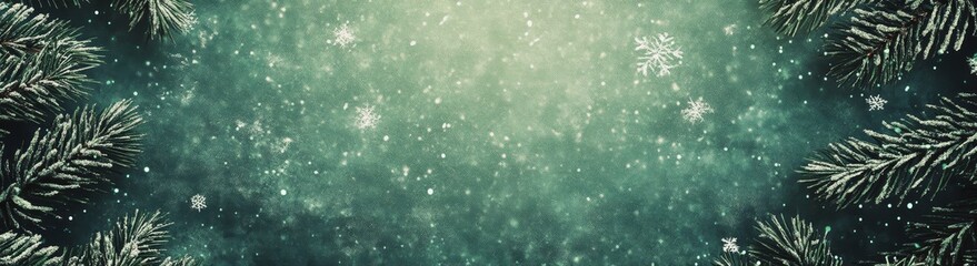 background with snow and pine tree branches, dark green background, snow falling, christmas decoration, christmas theme, minimalistic design, copy space concept, banner for social media, aesthetic bac