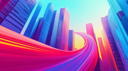 Futuristic Cityscape with Colorful Curved Roads and Gradient Background