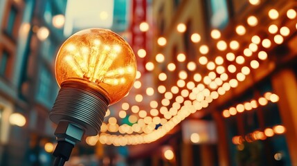 Outdoor event captured vintage light bulb in vibrant city street evening ambiance