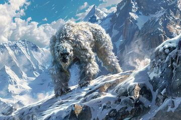 Huge fantasy yeti character in beautiful outdoor nature background