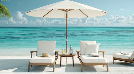Obraz premium Relaxing beach chairs under umbrella tropical paradise photography serene environment outdoor view
