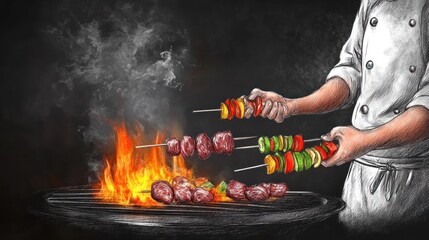 A chef grilling skewers of meat and vegetables over an open flame, showcasing culinary skills.