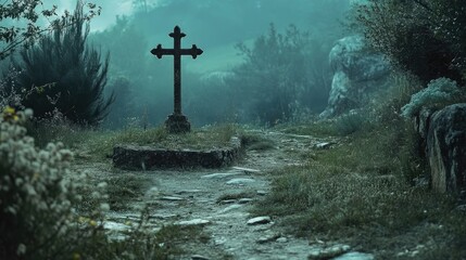 Naklejka premium Ancient crossroad scene with a rustic wooden cross marking a grave, surrounded by overgrown grass and misty terrain, evoking a serene and haunting atmosphere.