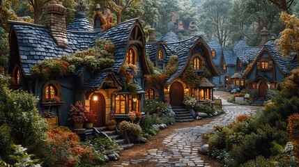Obraz premium Enchanting village scene with stone-paved streets, cozy cottages, and warm lights glowing under a twilight sky in a magical countryside setting.