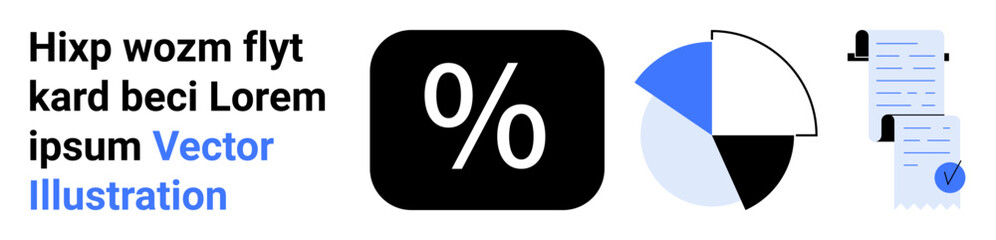 Percentage symbol in black box, segmented pie chart in gray, white, blue, and financial receipt with a blue stamp. Ideal for business, finance, data analysis, reports, presentations, educational