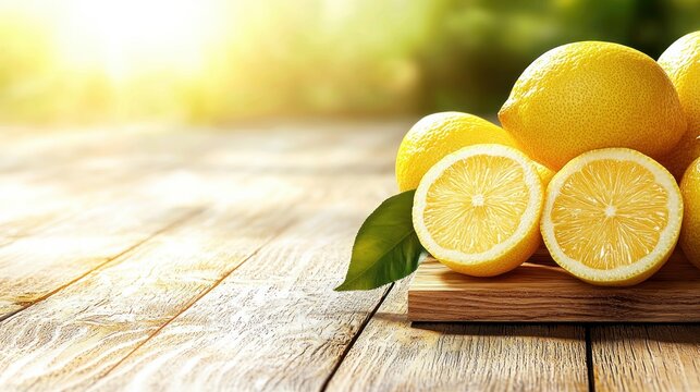Fresh lemons on wooden table nature food photography bright environment close-up view