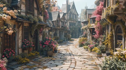 Fototapeta premium Rustic village street with half-timbered houses adorned with flowers and lanterns in a tranquil medieval-inspired countryside setting.