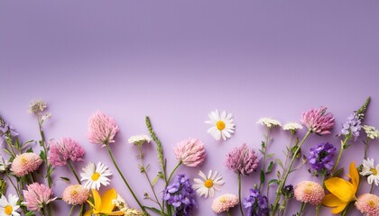 Fototapeta premium wild spring and summer flowers on a pastel purple background generative ai