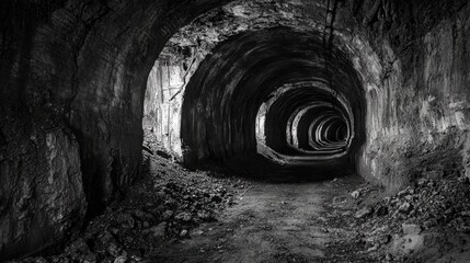 Abandoned mine tunnel descending into dark catacombs with a panoramic view, showcasing curved passages resembling subterranean caves, highlighting themes of coal, ore, and geology.