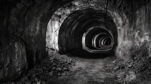 Abandoned mine tunnel descending into dark catacombs with a panoramic view, showcasing curved passages resembling subterranean caves, highlighting themes of coal, ore, and geology.