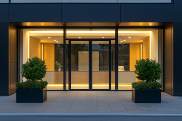 hotel entrance with sleek glass doors, contemporary architectural design, potted plants, and warm ambient lighting at night, luxury accommodation exterior