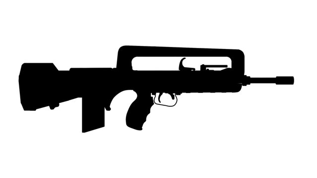 silhouette side view of upgraded French famas f1 bullpup assault rifle on a white background, lineart
