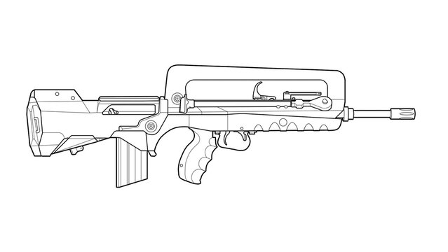 line art of side view of upgraded French famas f1 bullpup assault rifle on a white background, lineart