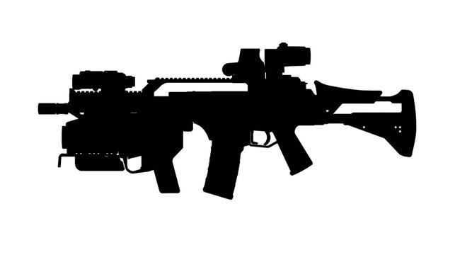 silhouette upgraded G36 assault rifle with M320 grenade launcher, collimator sight, magnifier and laser aiming device on a white background