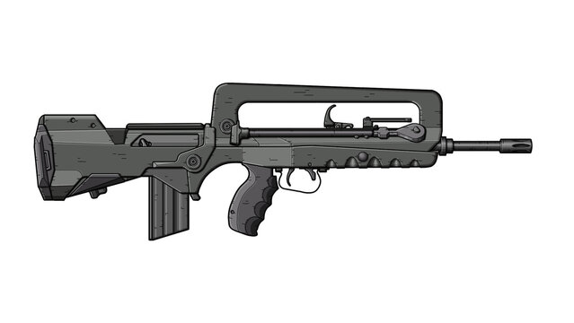 side view of upgraded French famas f1 bullpup assault rifle on a white background, lineart