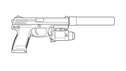lineart line art usa army pistol mk23 with silencer and flashlight on a white background