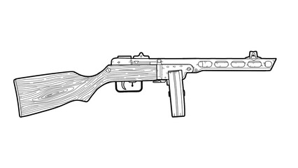 line art lineart ussr ppsh 7,62 submachine gun with wood stock on a white background