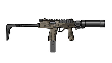 upgraded tuned tmp, mp9 submachine gun with tactical grip, silencer, folding stock on a white background