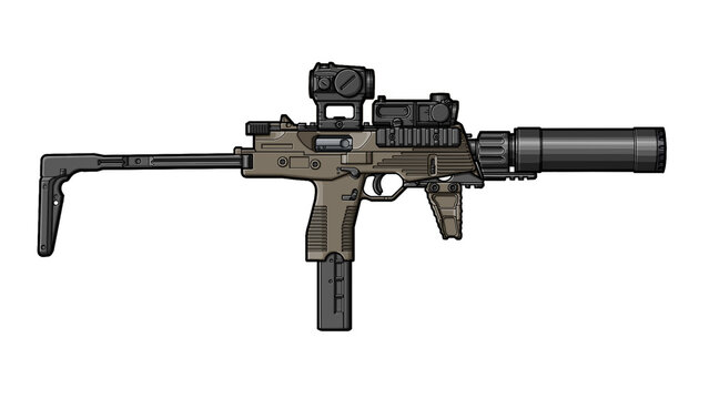 upgraded tuned tmp, mp9 submachine gun with collimator sight, tactical grip, laser, silencer, folding stock, laser sight module on a white background