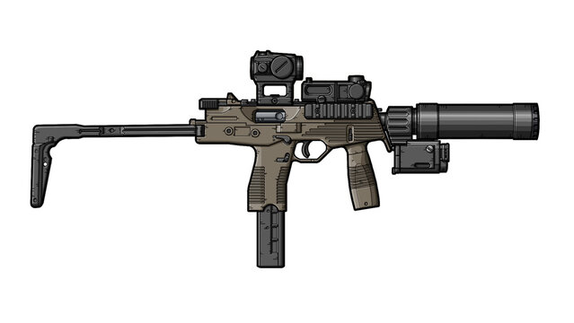 upgraded tuned tmp, mp9 submachine gun with collimator sight, tactical grip, flashlight, laser, silencer, folding stock, laser sight module on a white background