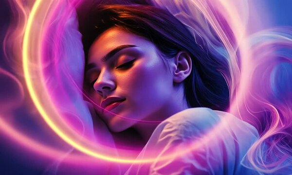 Serene Sleep: A Woman Dreaming Amidst Abstract, Vibrant Nebulae