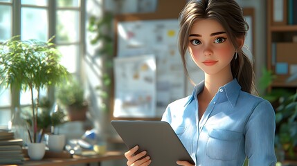 Fototapeta premium Relaxed animated young girl holding her tablet, studying in a 3D-rendered scene