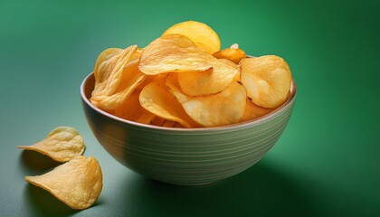 bowl with delicious potato chips on green background