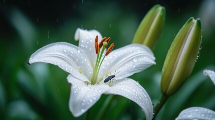Obraz premium Delicate White Lily with Tiny Insects in Rain