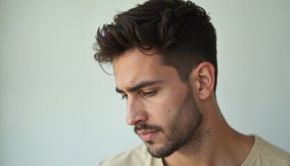 Fototapeta premium Man with thoughtful expression looking down, introspection