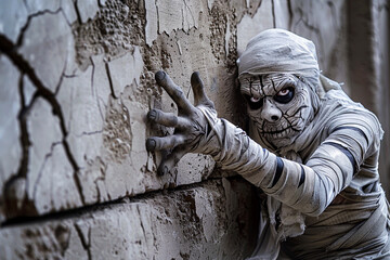 Scary mummy wandering in street with dramatic lighting on Halloween