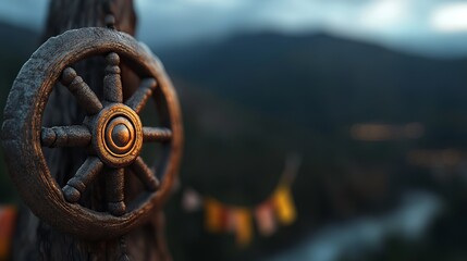 Obraz premium Closeup of a Dharmachakra, or Wheel of Law, in front of a blurred background of mountains and prayer flags.