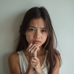 Fototapeta premium Pensive young woman with clasped hands, contemplative portrait