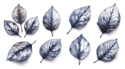 Fototapeta premium Collection of Ten Watercolor Leaves in Monochrome Shades