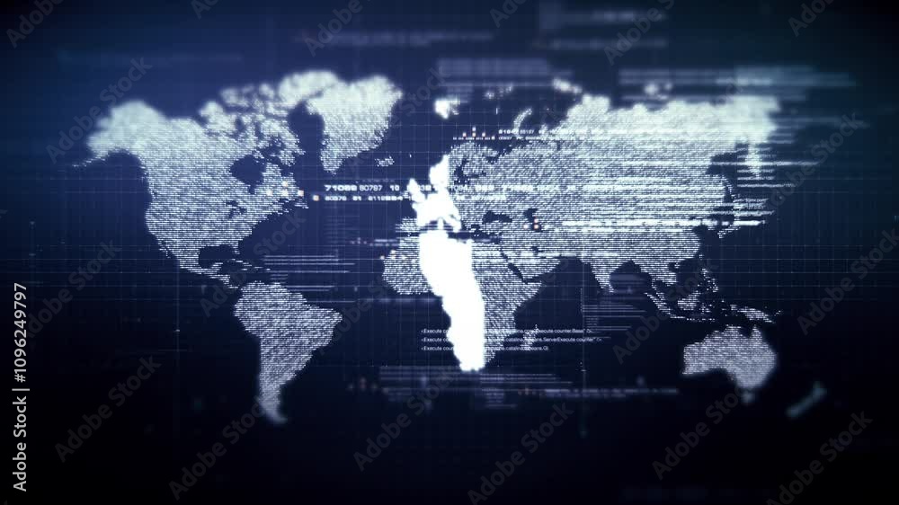 Aufkleber Futuristic global network simulation blending AI, quantum physics, and deep learning, with a particle matrix analyzing data in a sleek, HUD-style interface
