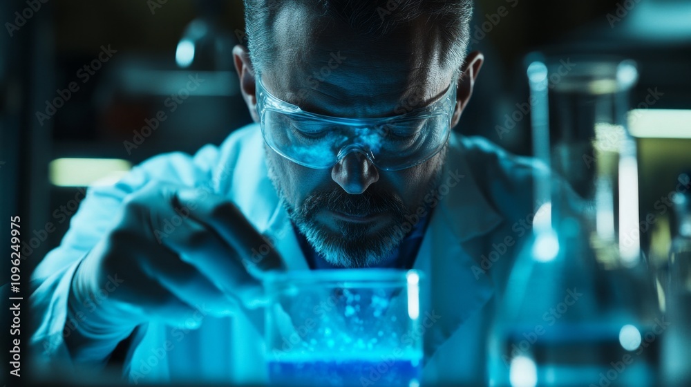 Poster a man in a lab coat is working with a blue liquid in a beaker