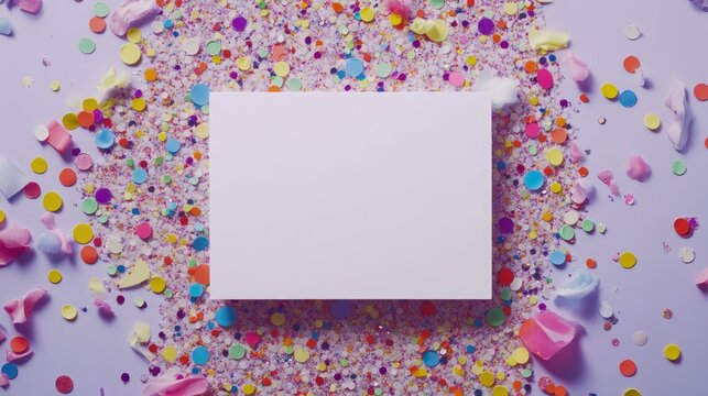 Blank white greeting card centered on a vibrant array of colorful sequins and confetti, set against a light purple background, offering ample space for personalized text. Flat lay view.