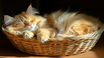 A fluffy orange cat lies contentedly in a wicker basket, basking in the warm sunlight of a cozy room. The cat's fur glistens softly, creating a serene atmosphere