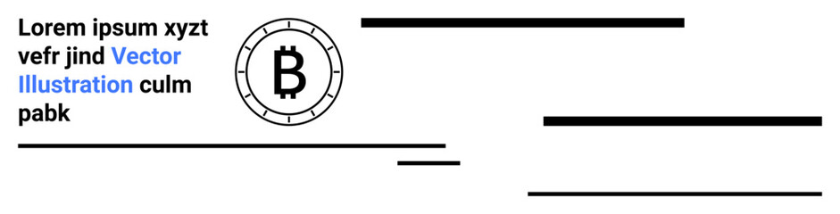 Bitcoin symbol in circle frame positioned next to Lorem Ipsum text and varying horizontal lines in minimalist black, blue colors. Ideal for technology, finance, blockchain, cryptocurrency, digital