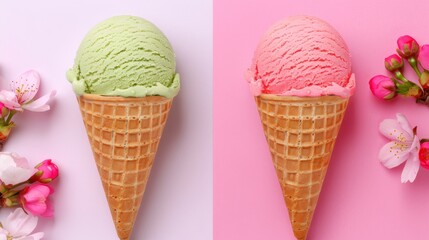 Two ice cream cones with floral accents.