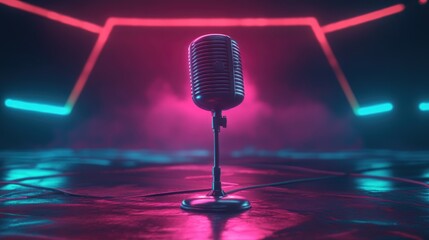 Stylish vintage microphone illuminated by vibrant neon lights creating a captivating atmosphere for podcasts and stage performances.