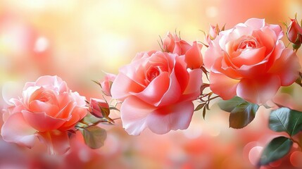 Obraz premium Three stunning peach roses with delicate petals are surrounded by lush green leaves, bathed in warm, soft light, creating a serene and vibrant atmosphere