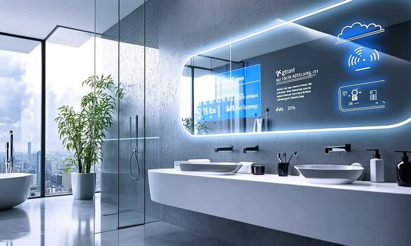 Futuristic Smart Bathroom with High-Tech Mirror Display