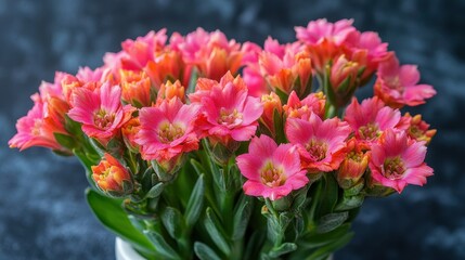 A cluster of vibrant pink flowers blooms in a white pot, displaying shades of pink and orange. The rich, dark background enhances the lively colors, creating an appealing floral arrangement