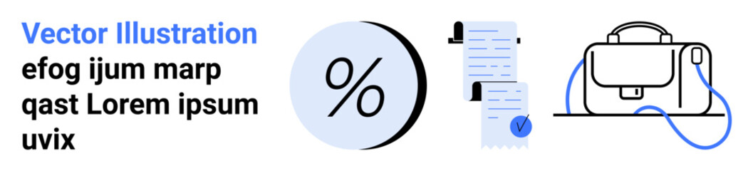 Percentage symbol beside contract with seal and black briefcase. Ideal for business plans, financial presentations, legal documents, educational materials, infographics, corporate brochures, website